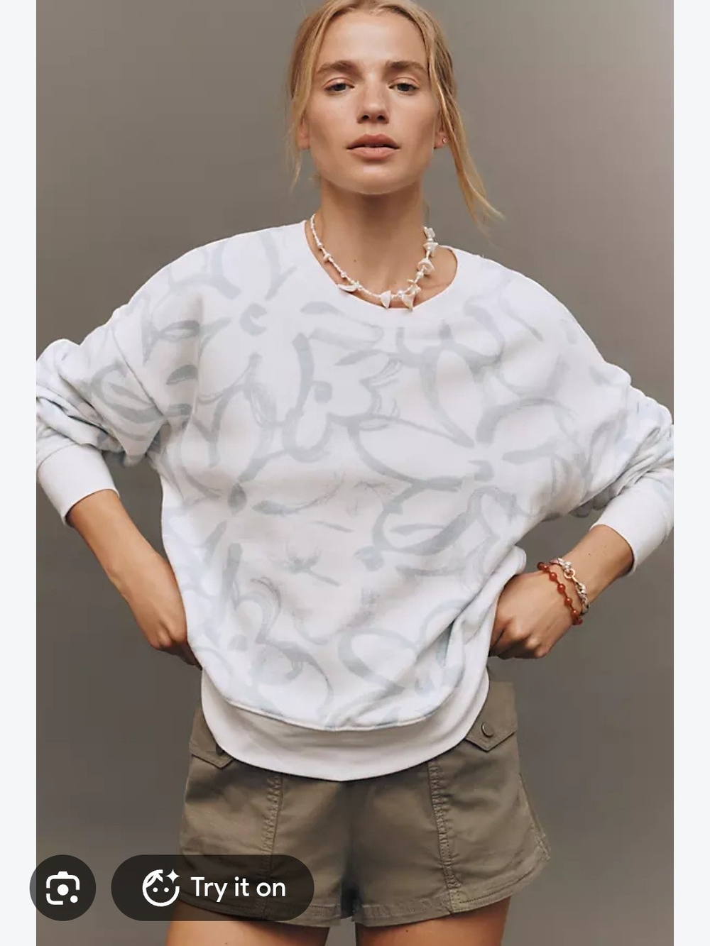 Maeve Anthropologie White Pullover Sweatshirt with Pale Blue Abstract Print
